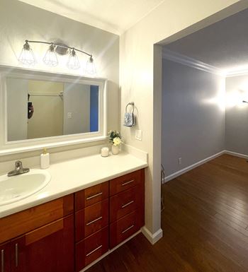 a bathroom with a sink and a mirror and a hallway with a wooden floor
